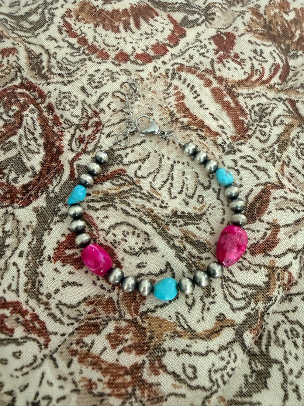 Sterling Silver Navajo-Style Pearl Bracelet with Pink and Turquoise Stones